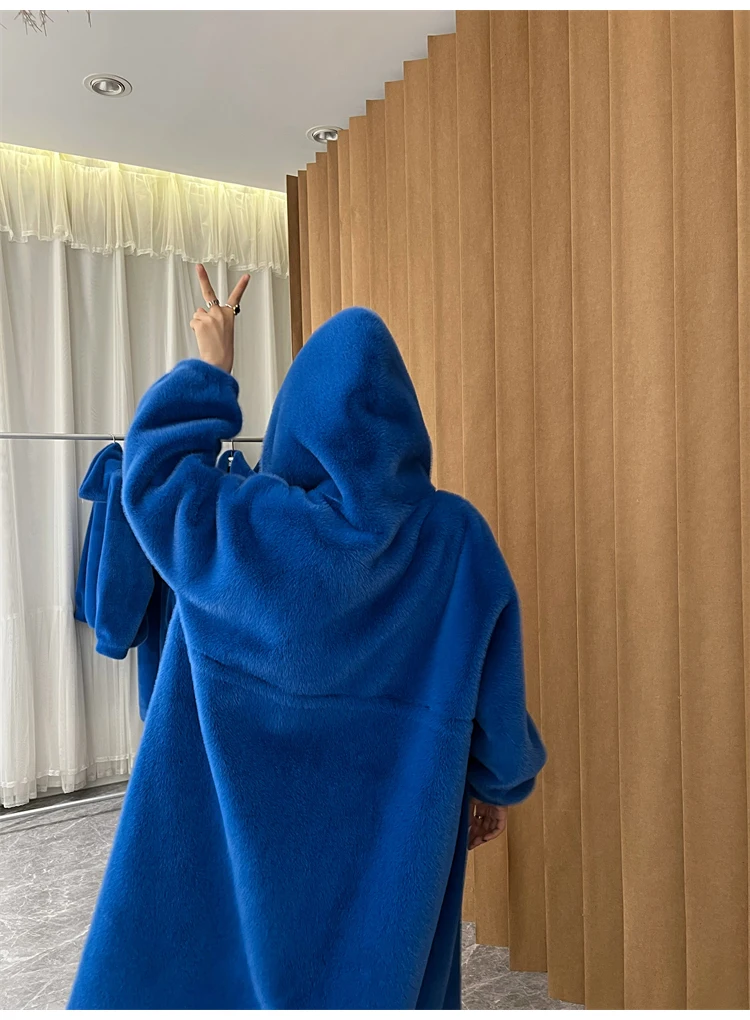 Lautaro Winter Long Oversized Warm Thick Blue White Fluffy Faux Fur Coat Women with Hood 2022 Loose Casual Korean Style Fashion