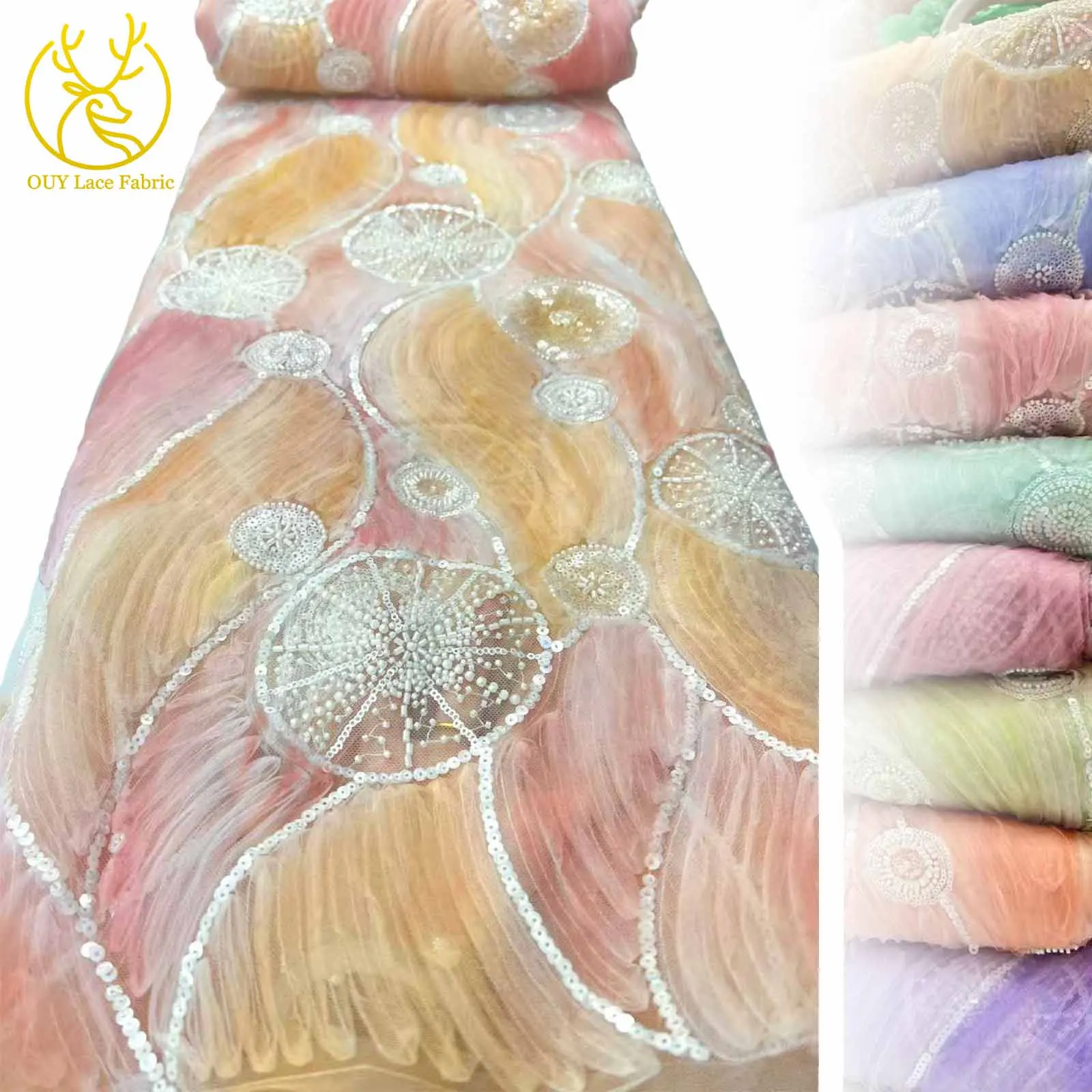 

Beautiful Elegant African Sequin Lace Fabric 2025 French Nigerian Tulle Mesh Beaded Lace Fabric For Sewing Wedding Dresses