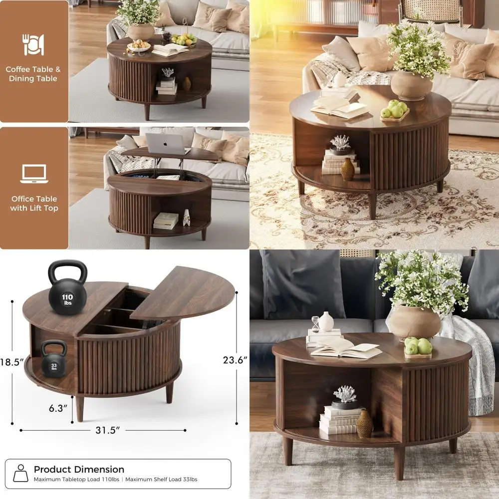 

Круглый журнальный столик из орехового дерева с местом для хранения и раздвижной дверцей-шкафом для гостиной