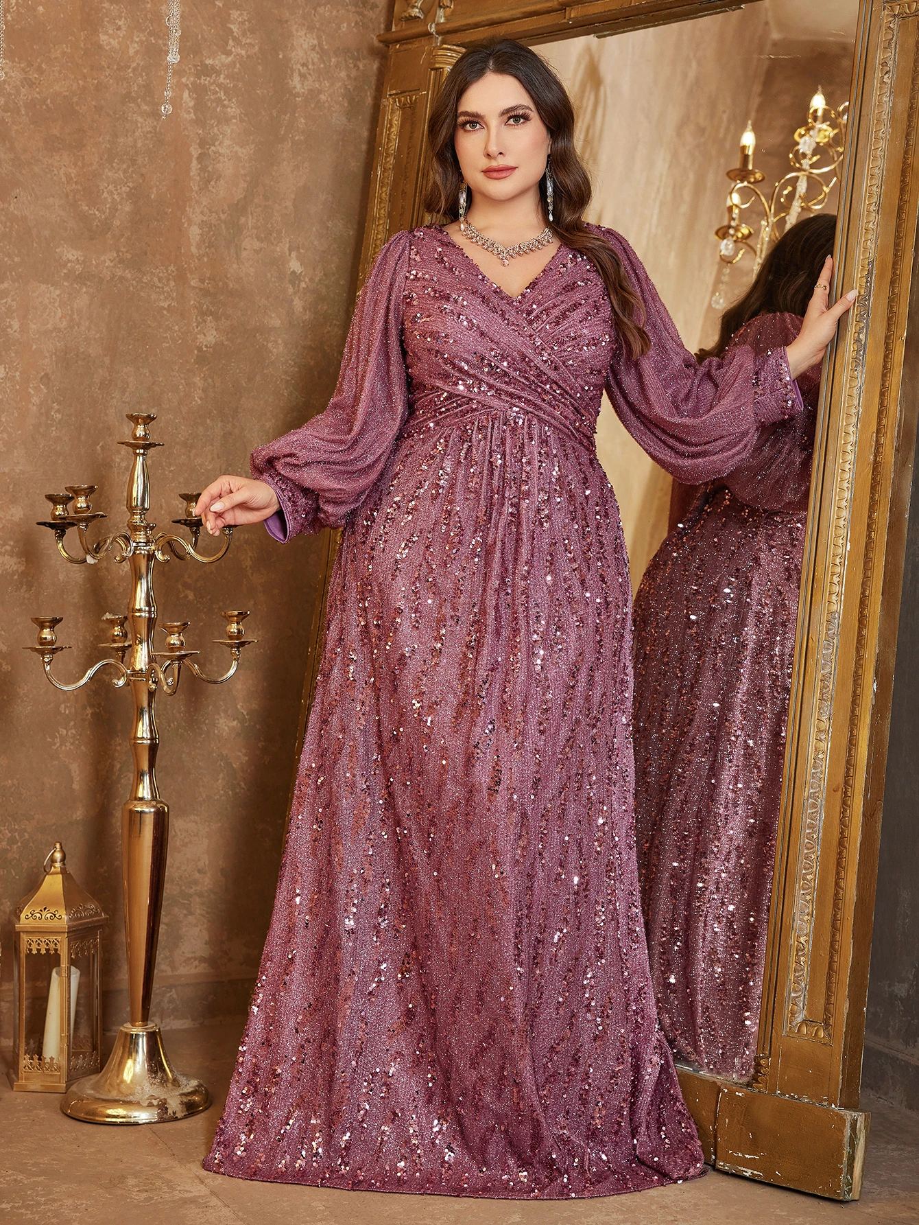 فستان UNITHORSE مقاس كبير للسيدات أنيق مزين بالترتر ورقبة على شكل حرف V وأكمام واسعة وخصر أمامي مناسب بلون سادة للحفلات الرسمية، العروس