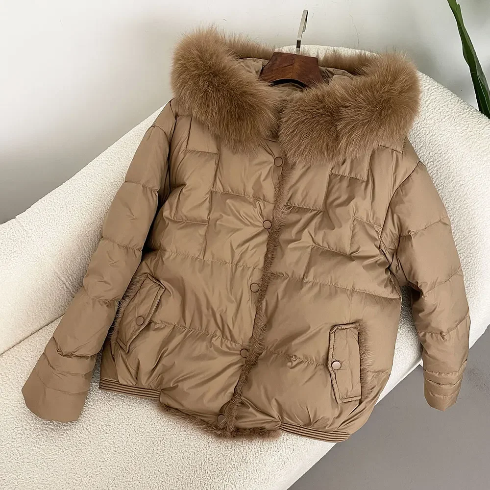 

2025 Women Fashion Autumn Winter White Duck Down Coat Hooded New Puffer Coat Real Fox Fur Jacket Natural Mink Fur Outwear