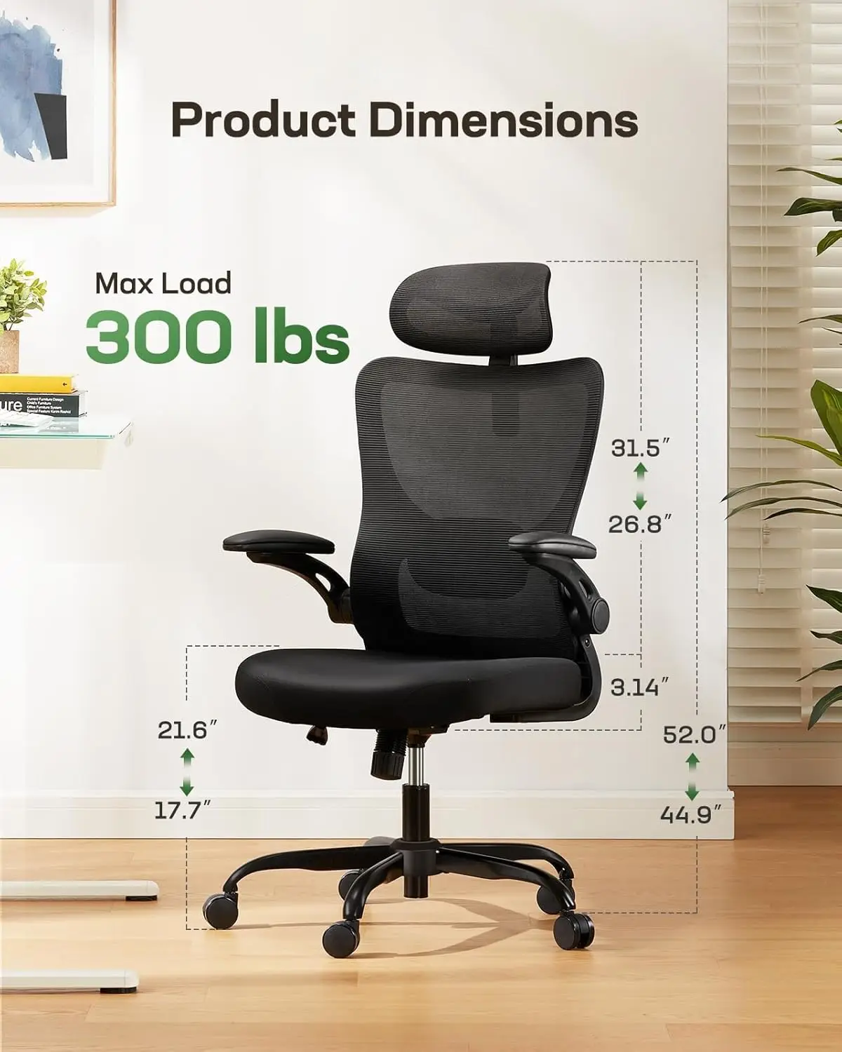 Silla de Oficina Ergonómica con Reposacabezas Ajustable, Soporte Lumbar y Reposabrazos Plegables 3D, Silla de Ordenador