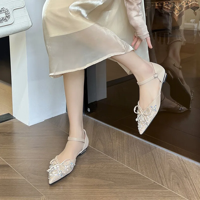 صنادل فاخرة بكعب منخفض من الكريستال بمقدمة مدببة وحزام كاحل أنيق للسيدات بفم ضحل وعقدة على شكل فراشة فستان الحفلات Sandalia #3