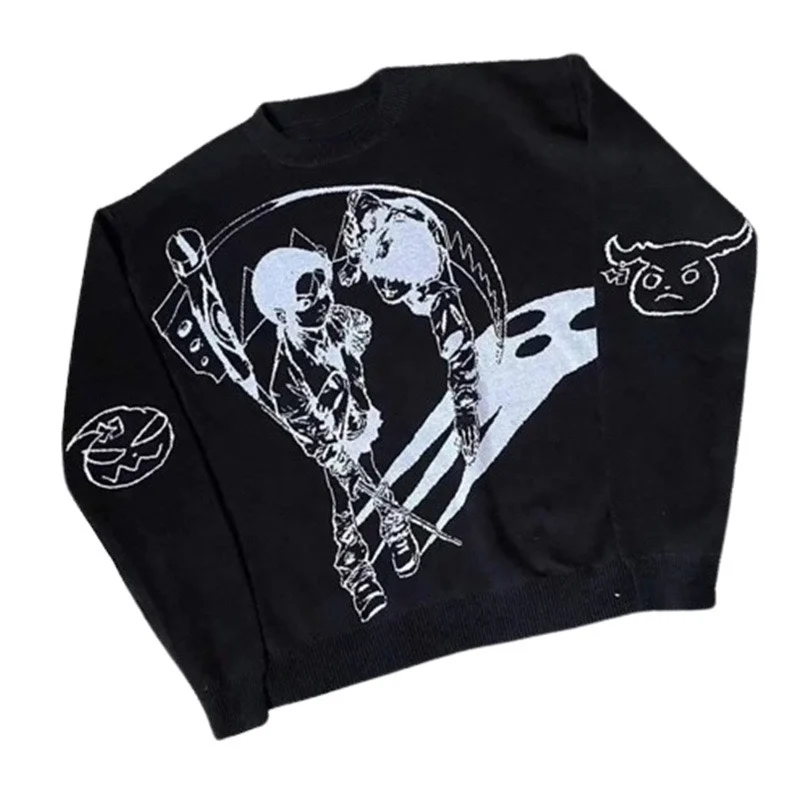 New Hip Hop Gothic Dark Anime Print Streetwear Knitted Sweater Men Pullover Autumn Harajuku Sweater Women Oversized Sweate