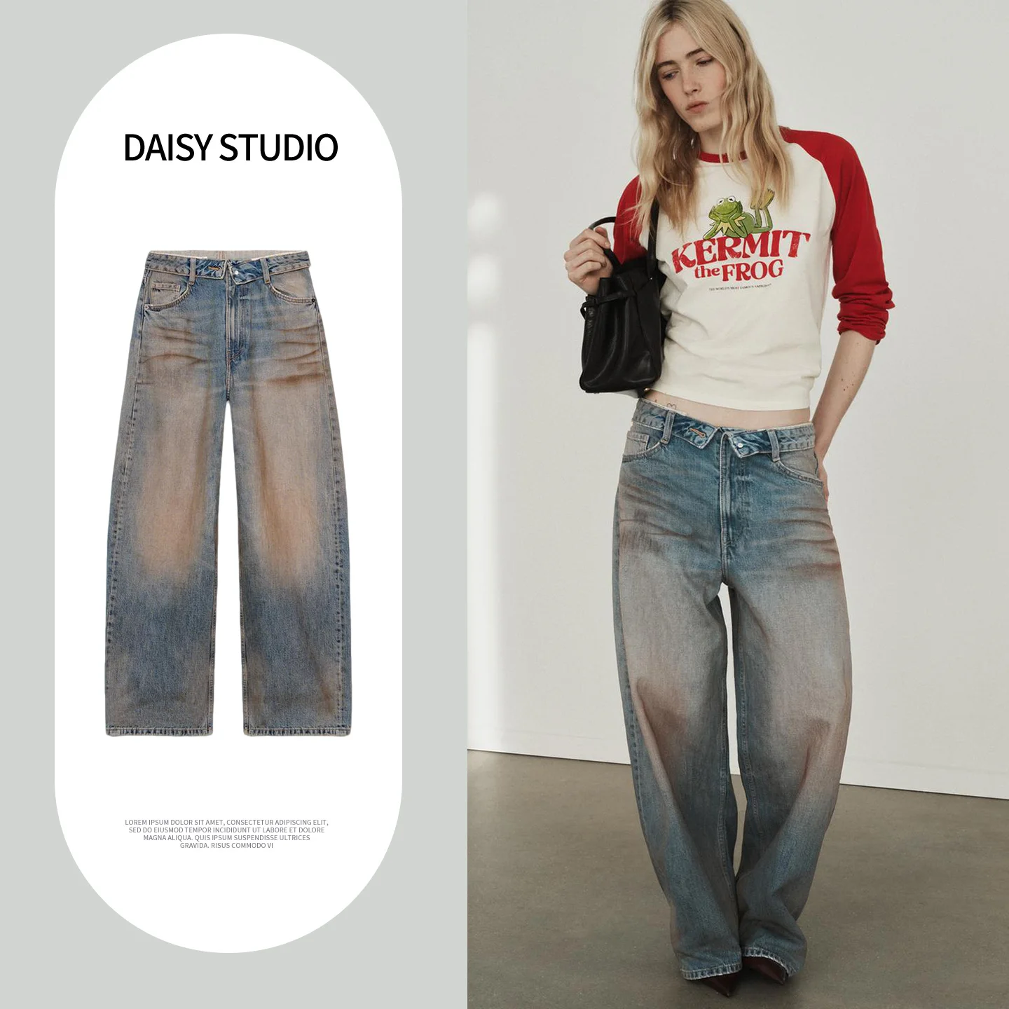 

Spring New Women's Jeans Long Mid-Waist Casual Hole Flip- Denim Pants Metal Button Zipper Style Natural Waist Wide Leg