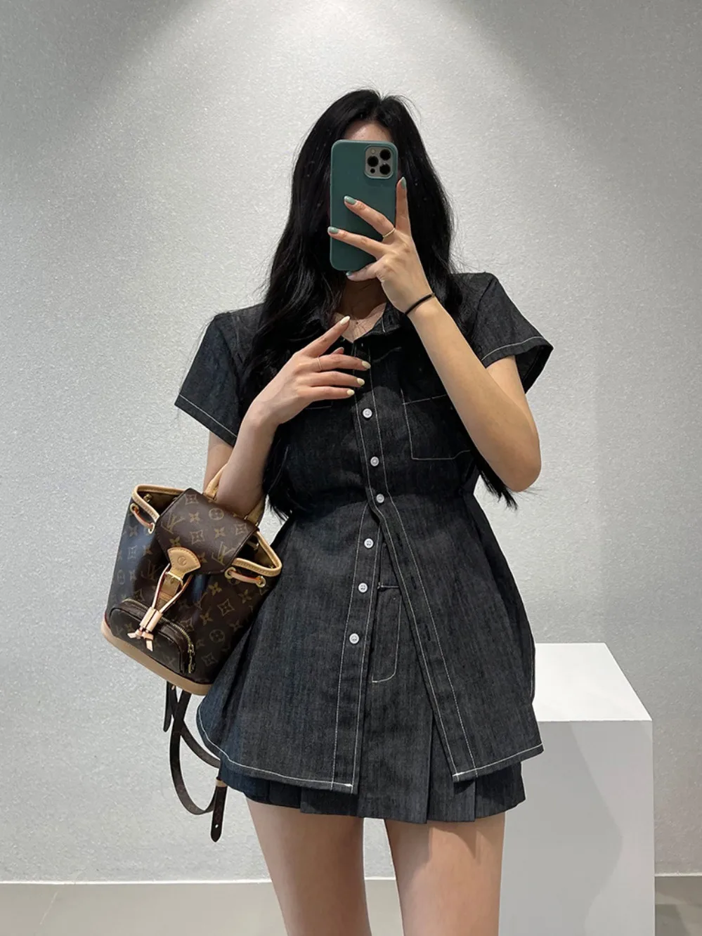 

Women's irt Sle Dr with Belt Summer New Small ence Design Sense Pleated Skirt Set Buttoned Skirts Dres