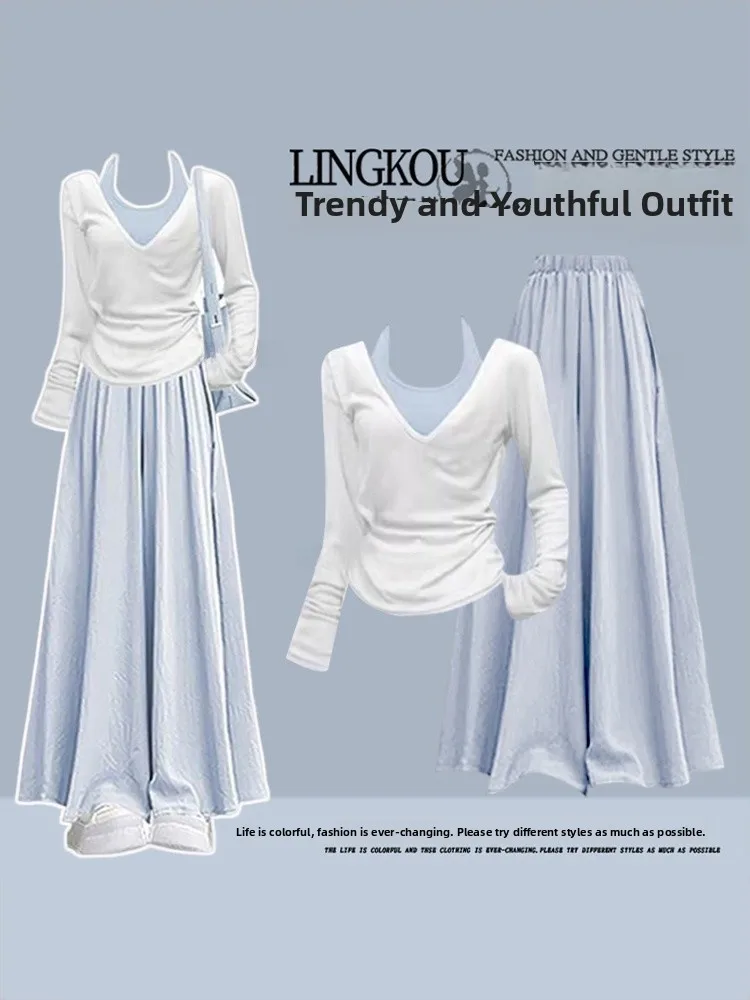 

Spring Korean Style Women's Suit Long Sleeve Shirt Underwear Strap Casual Loose Pants Three Piece Set Elegant Slimming Size L...