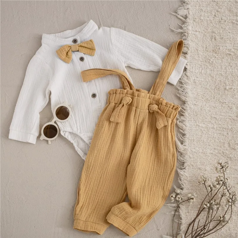 Newborn Baby Boy Cotton Clothes Set Bow Shirt Romper+Strap Pant 2PCS Infant Toddler Child Baby Suit Birthday Party Baptism 0-2Y