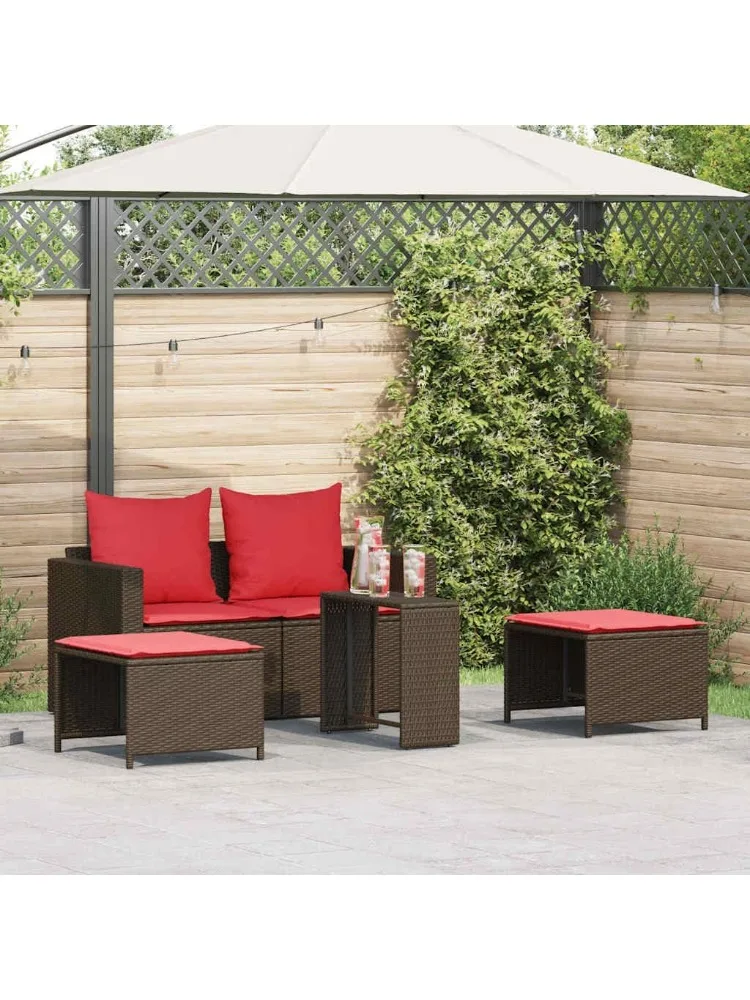 Set di divani da giardino da 5 pezzi con cuscini impilabili in polyrattan marrone, mobili da giardino, posti a terrazzo per giardino