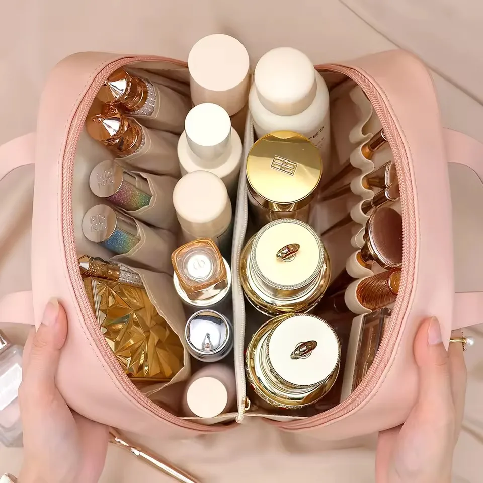 Women PU Makeup Bag Cosmetic Pouch Organizer Handle Travel Cosmetic Bag Compartmental Storage Large Capacity Toiletry Handbag