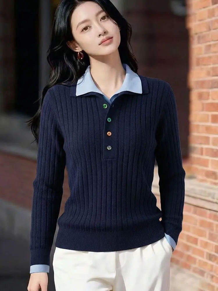 

Color Blo Stand Collar Knitwear Women's Loose Fit Sli plus Size Spring 2026 Slimming Top False Two-Piece Ensemble