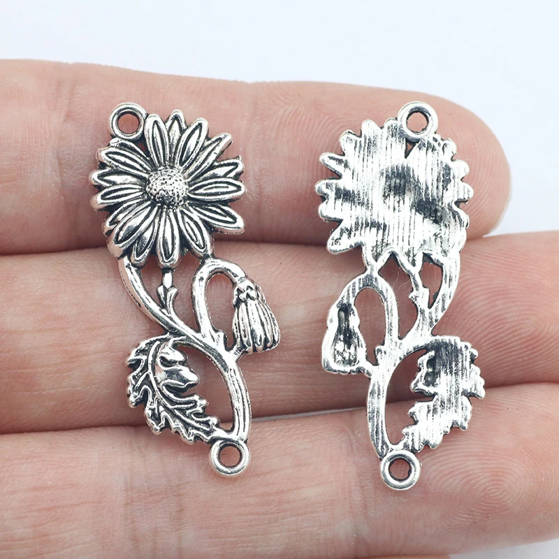 10Pcs 15*38mm Antique Silver Plated Sunflower Charms For DIY Jewelry Making