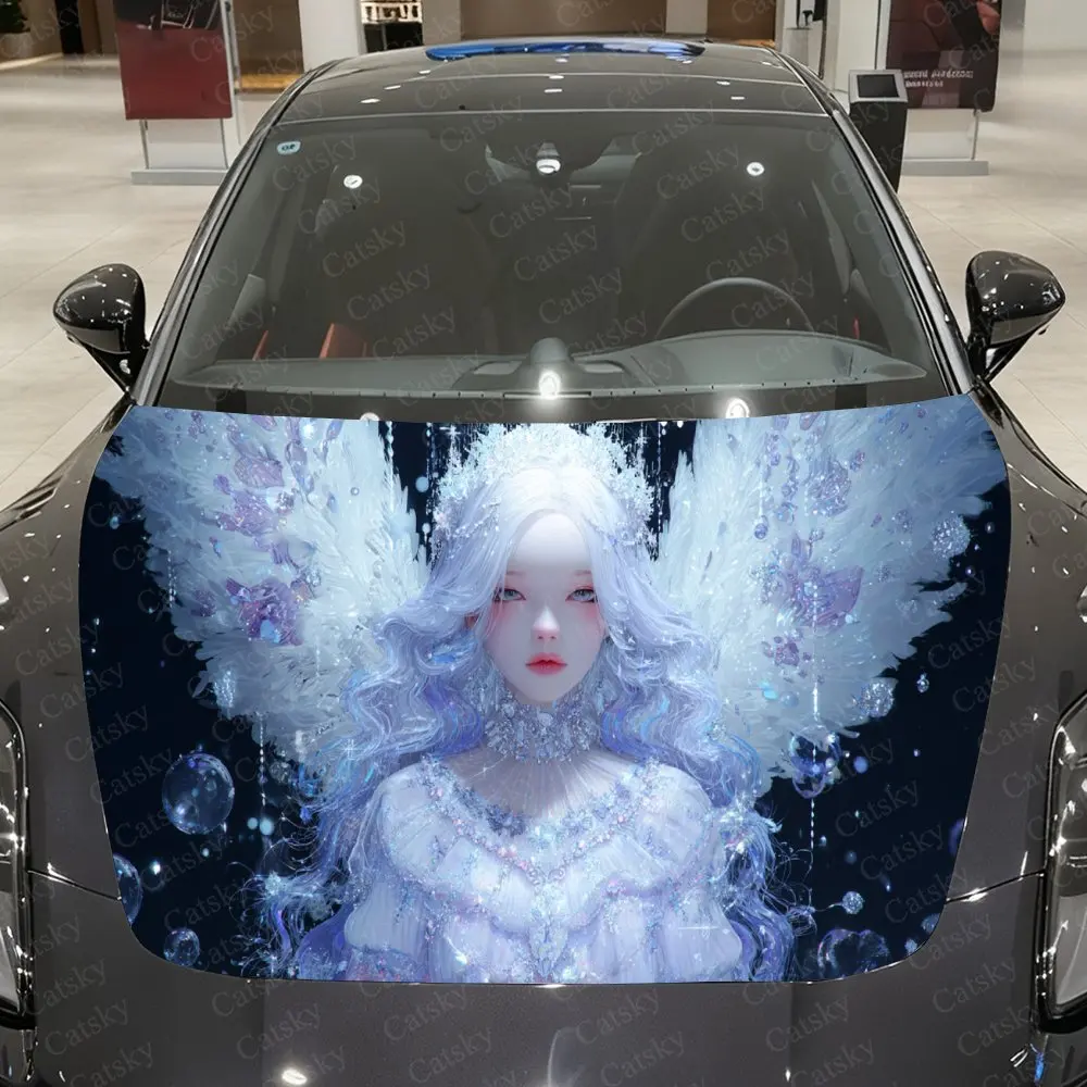 

Blue-Purple Gradient Ice Feather Girl Car Vinyl Wrap, PVC Waterproof Car Hood Sticker, Self-Adhesive Scratch-Resistant Stickers