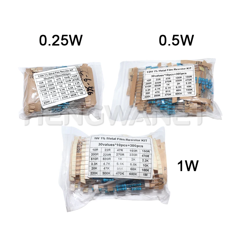 300PCS 1W 1/2W 1/4W 10R - 1M Ohm Resistance Set 1% Metal Fil