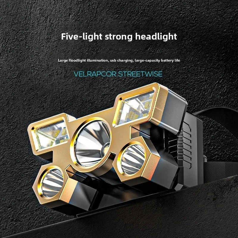 Fixed Focus Long Range High Brightness Five LED Large Floodlight Outdoor Portable USB Rechargeable Waterproof Compact Headlamp