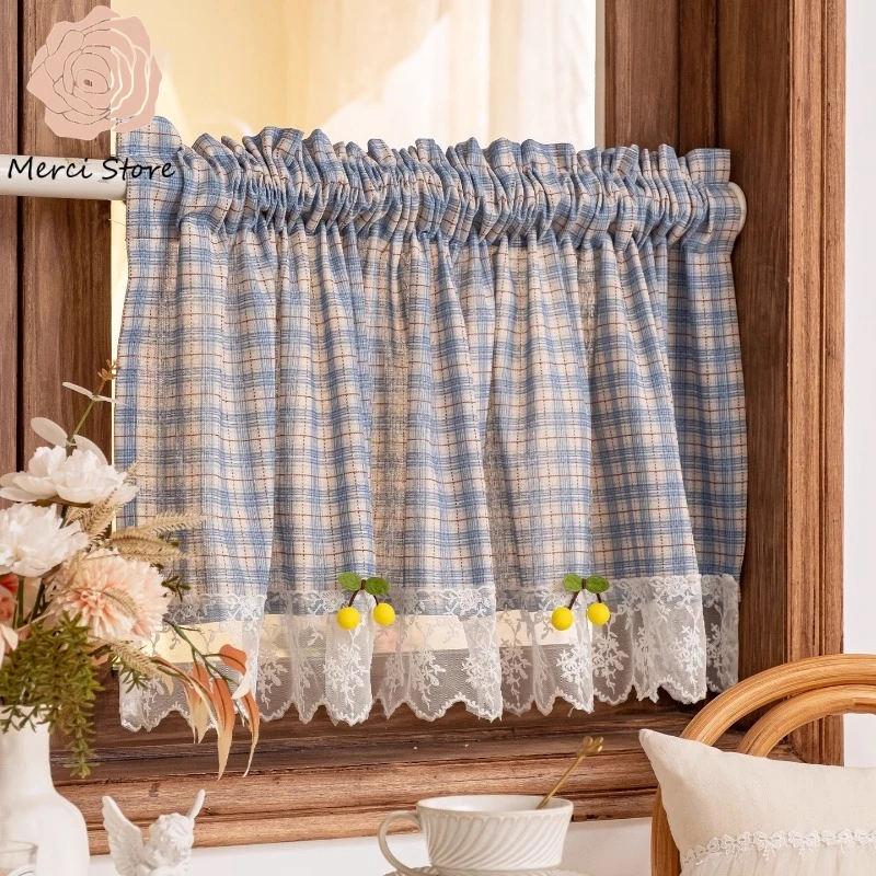 

Blue Plaid Cherry Half Short Curtains Tulle for Living Room Kitchen Window Small Door American Style Cabinet Dustproof Custom