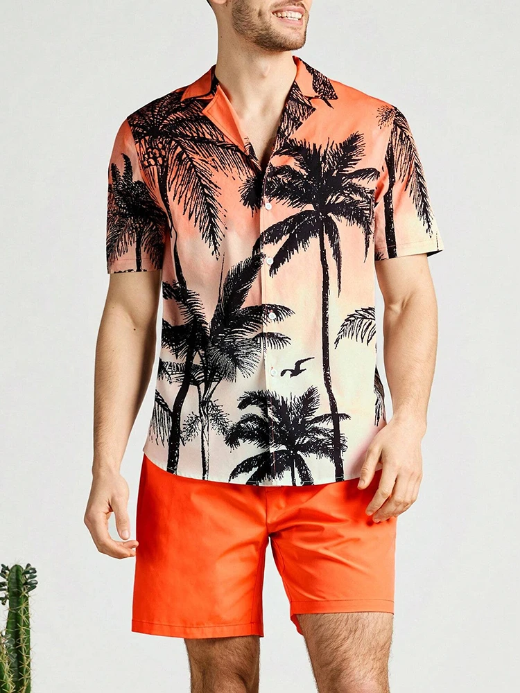 Conjunto de camisa de manga curta e shorts de praia masculino, férias havaianas, casual, elegante, confortável, verão