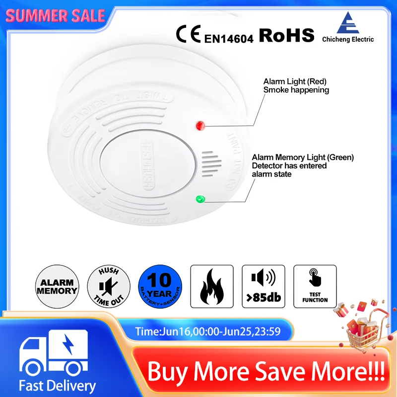 

Smoke Detector 10 Year Smoke Sensor Independent Fire Alarm CE EN14604 Certified With CR123A Battery LED Indicator Home Security