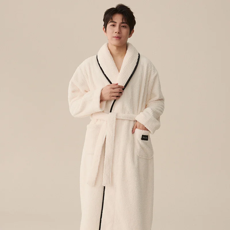 ثوب نوم طويل من الصوف المرجاني للزوجين للخريف والشتاء، لون سادة بسيط، شعور راقي، مناسب للارتداء المنزلي في الخارج في واي #5