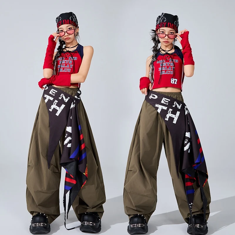 Children Hip Hop Jazz Dance Clothes Summer Girls Red Tops Army Green Pants Kpop Outfits Street Dance Costume Group Suit BL16628