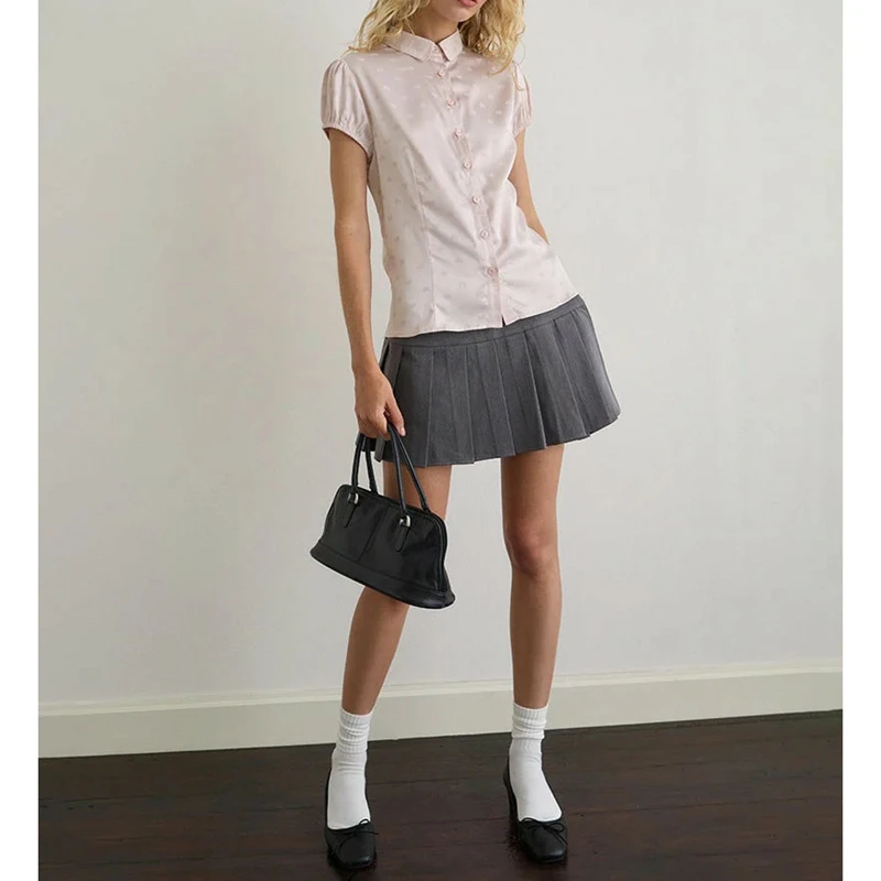 

Women Summer Y2k Cute Heart Print Satin Shirt Top Short Puff Sleeve Button Down Lapel Collared Slim Fit Silky Blouses