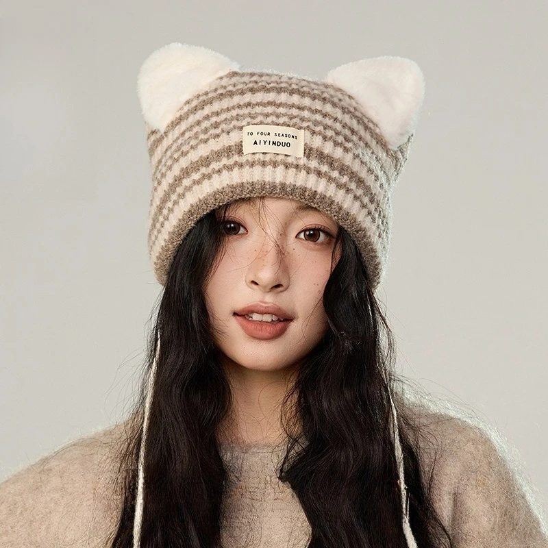 New Japanese Designer Striped Cat Ears Tether Knitted Hat Children Korean Winter Versatile Cute Age-reducing Wool Hat Tide