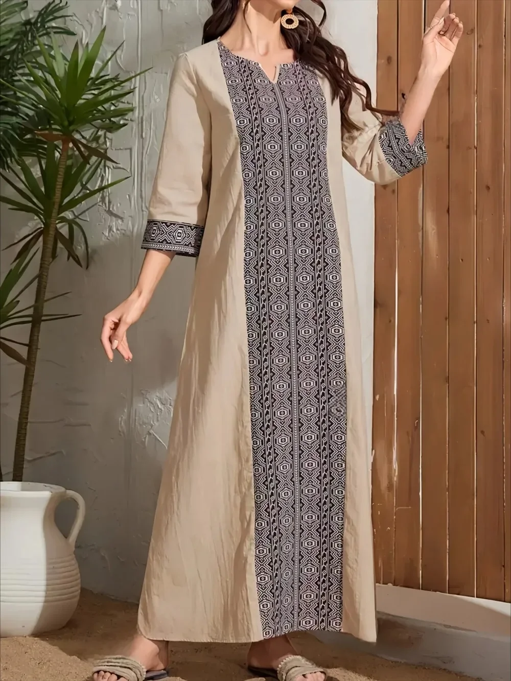 

Spring Summer Women Kaftan Dresses Middle Sleeve Printed Women Muslim Dresses