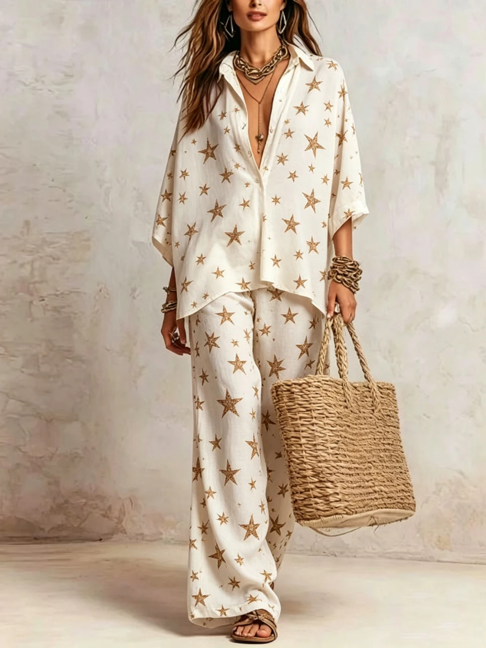 

Boho Gold Star Print 2 Piece Set Women Summer Lapel 3/4 Sleeve Shirt Top & Wide Leg Pant Streetwear Casual Loose Trousers Suit