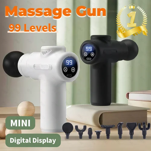 Pistola de masaje de 99 niveles, Mini masajeador muscular con vibración de tejido profundo, pistola de Fascia portátil de mano, masajeador con pantalla Digital para el cuerpo