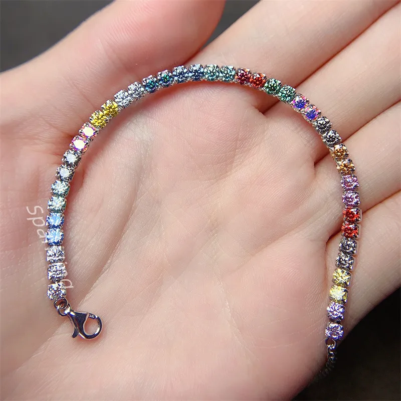 925 Sterling Silver moissanite Bracelet Glitter Colorful moissanite through Diamond Instrument Detect Women's Bracelet Hip Hop