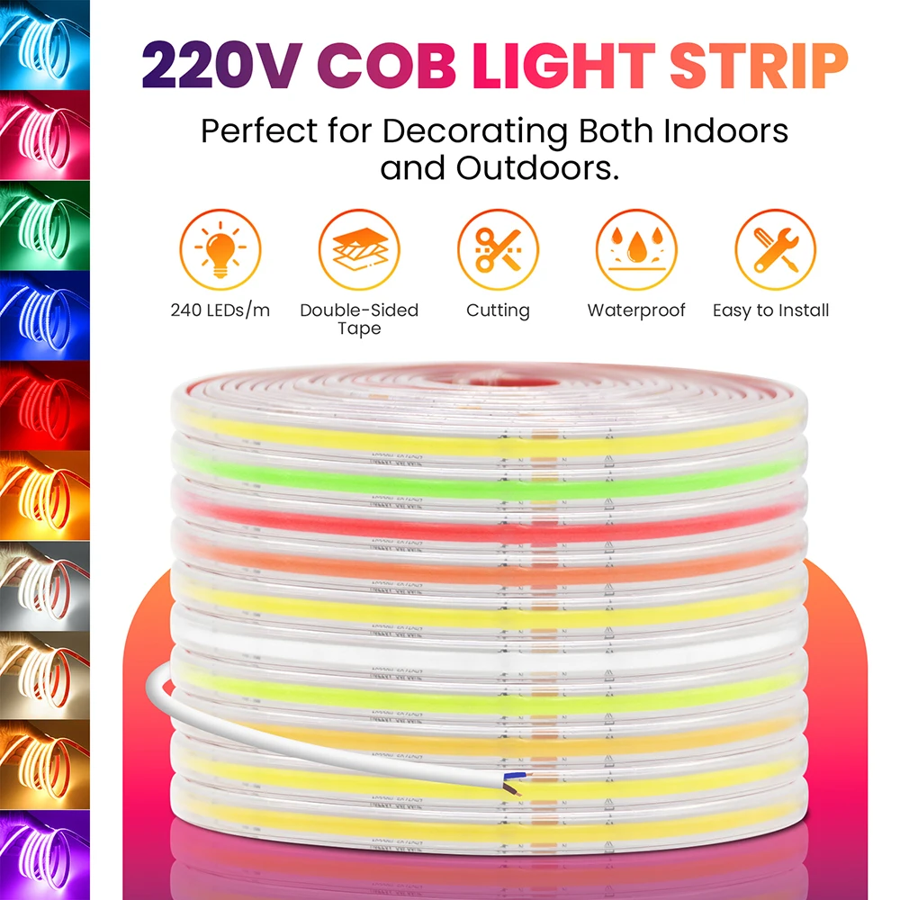 AC 220V 230V 240V COB Led Strip Light Tape Warm Natural White/Red/Pink/Green/Yellow/Ice Blue/Purple 240LEDs/m No Power Eequired
