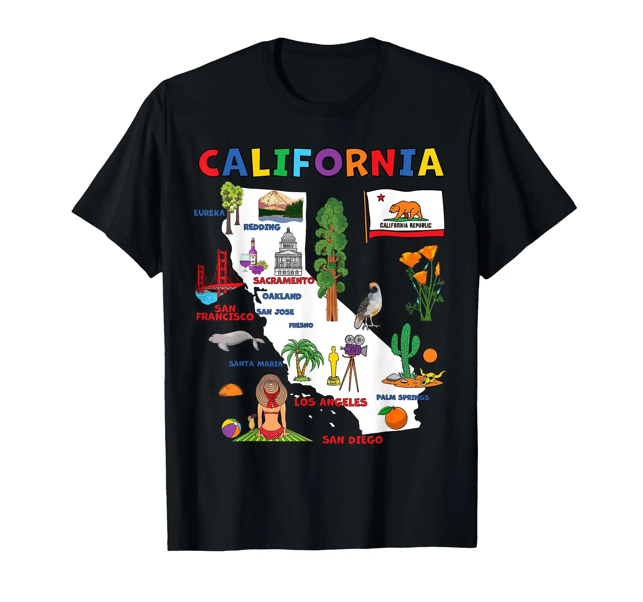 Camiseta con mapa de Estados Unidos con ciudades mayúsculas, camiseta para hombre y mujer, Top de manga corta con cuello redondo de algodón a la moda de verano