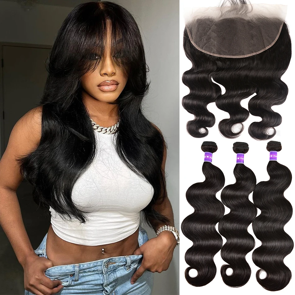 Indian Body Wave Bundles With Frontal 100% Human Hair Weave Extension 3 Bundles With Closure Body Frontal Closure With Bundles