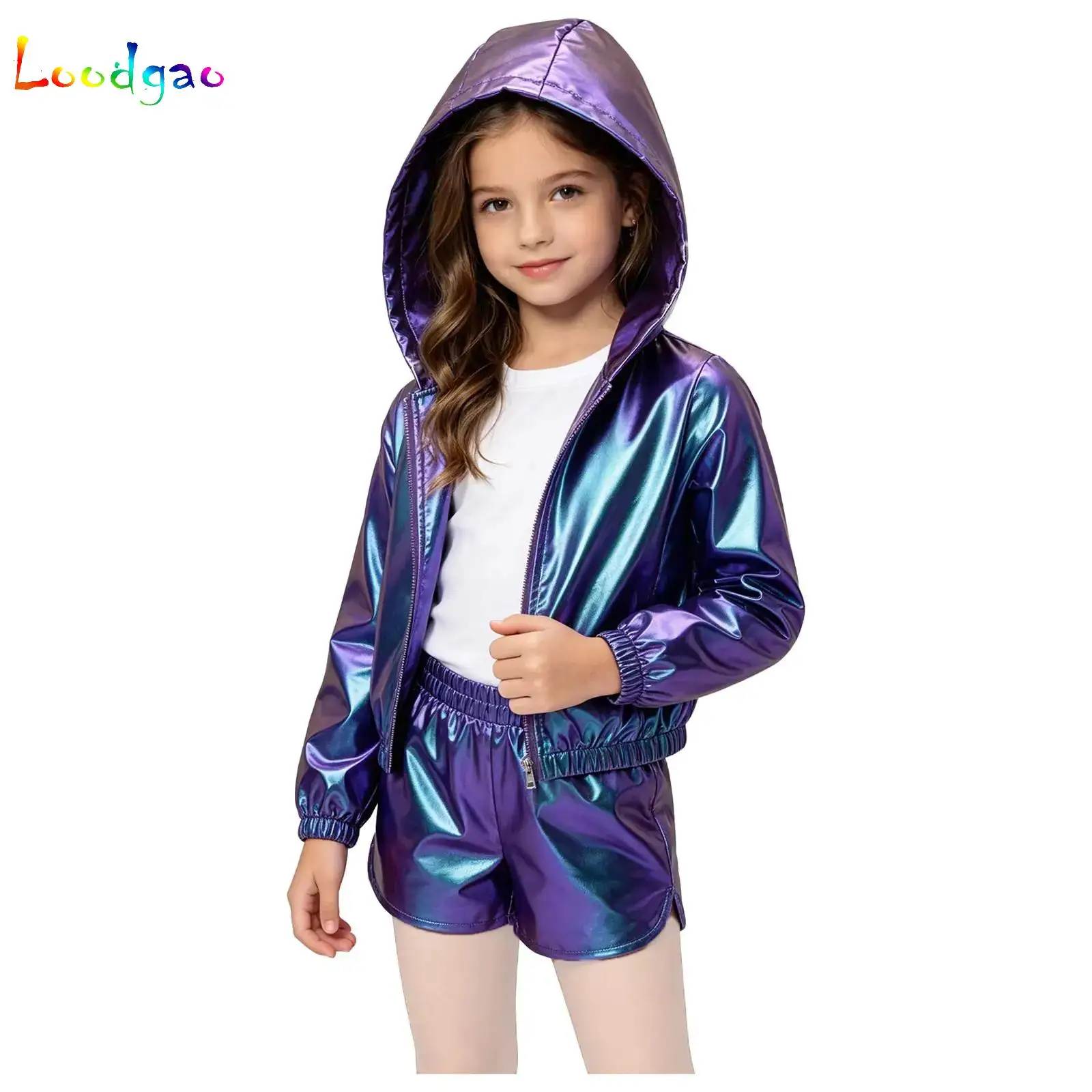 Kids Girls Holographic Metallic Hoodie Jacket Shiny Hip-Hop Jazz Dance Performance Costume Long Sleeve Hooded Coat Outerwear Top