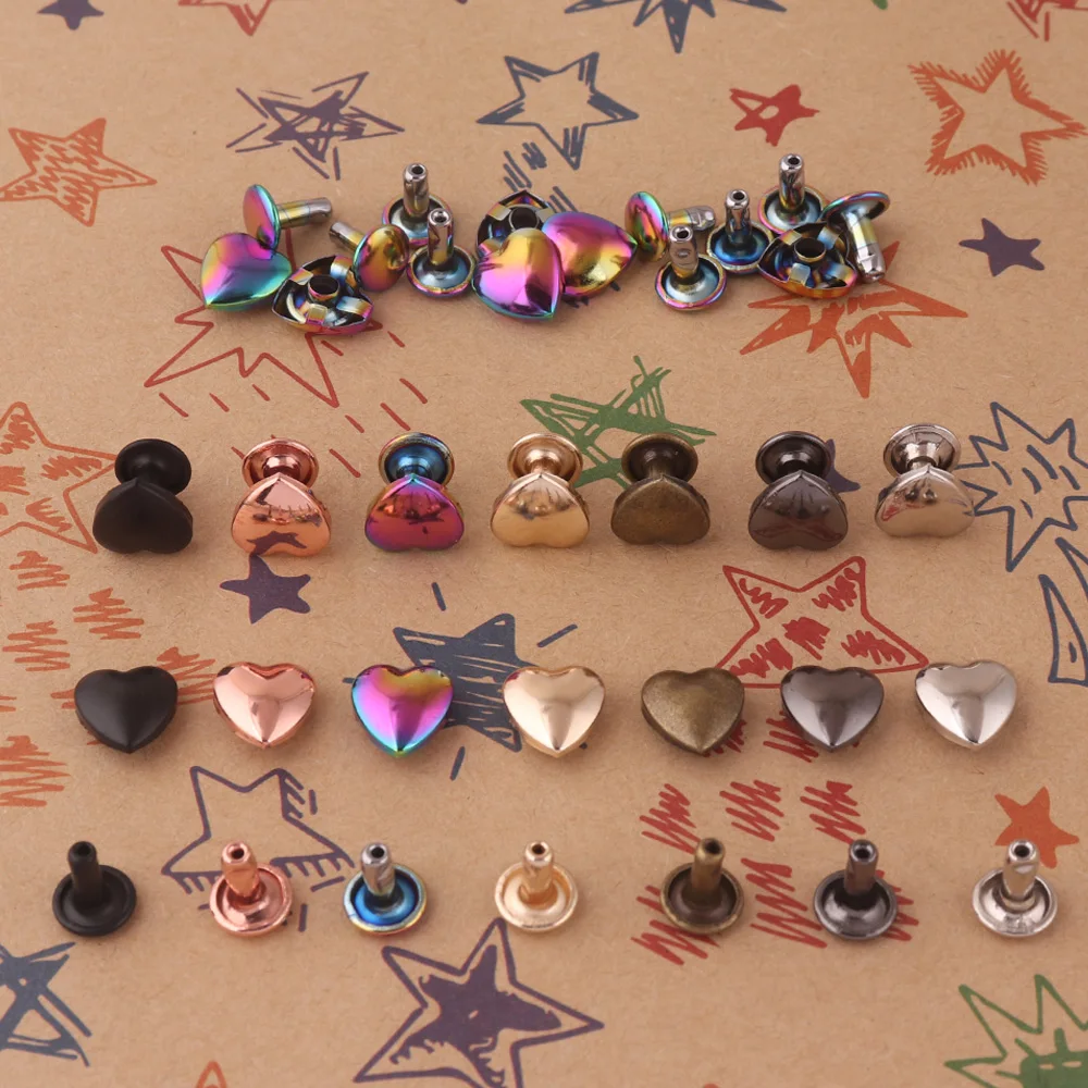 Rainbow Heart Shape Rivets - 10mm Metal Heart Rivet for Belt Clothes Purse Handbag Leather Craft DIY Handmade Accessories