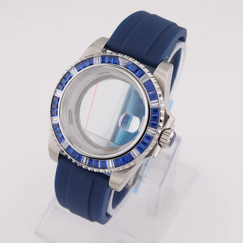 

40mm Diamond Moissanite Mechanical Diver Watch Case with Rubber Strap for Seiko Mod Submariner NH34 35 36 Replacement Parts