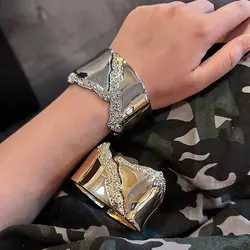 KMVEXO Punk Exaggerated Metal Flaw Bangles For Women Irregular Crystal Cuff Bracelet Manchette Statement Jewelry Accessories Men
