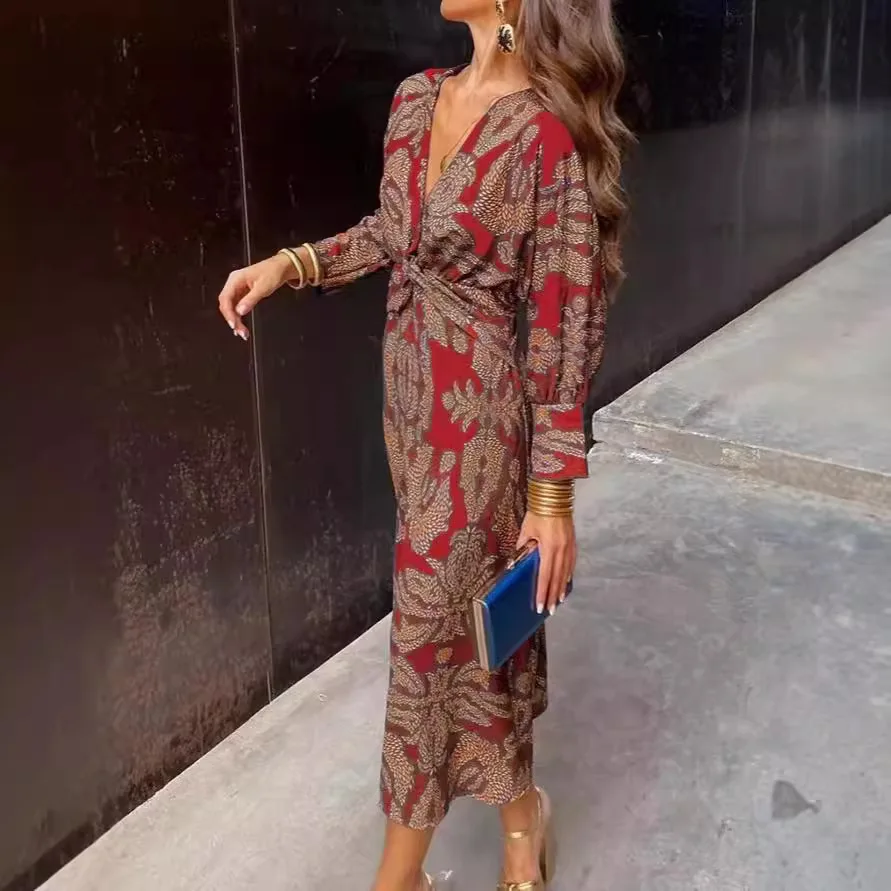 Vrouwen Vintage Bloemenprint Maxi Jurk Boho 3/4 Mouw Oversized Lange Jurk Casual Harajuku v-hals Vakantie Jurk Elegant Gewaad