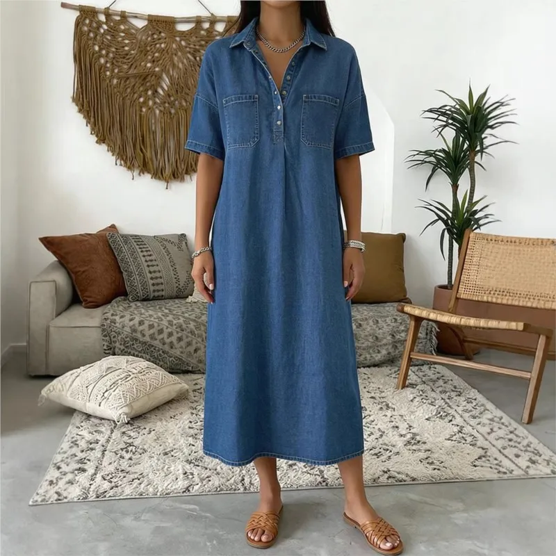

Fashion Imitation Jeans Maxi Dress 2026 Summer Women's Large Size Short Sleeve Pockets Casual Ladies Clothes Female Long Dresses