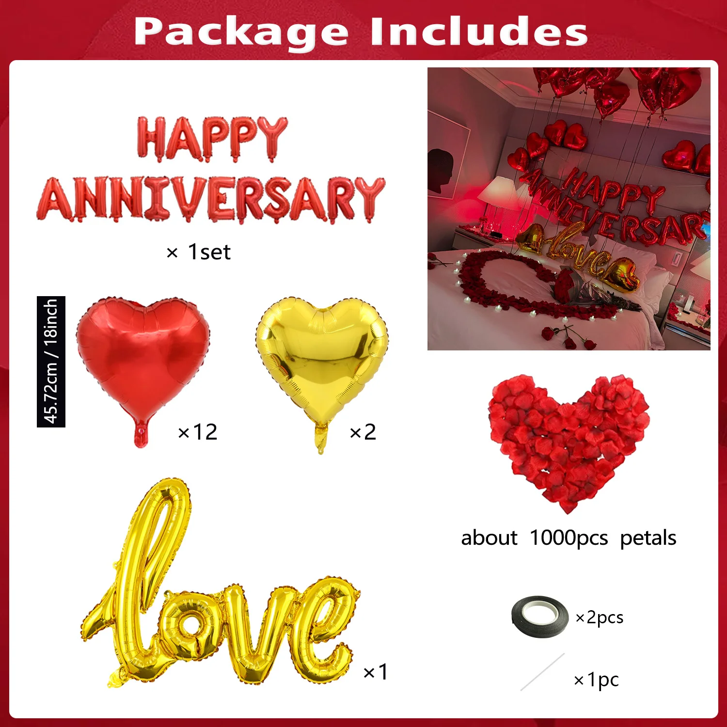 Happy Anniversary Dekoration, roter Herzballon, Happy Anniversary Banner, Rosenblätter, Hochzeit, Valentinstag-Romantik – Detail 1