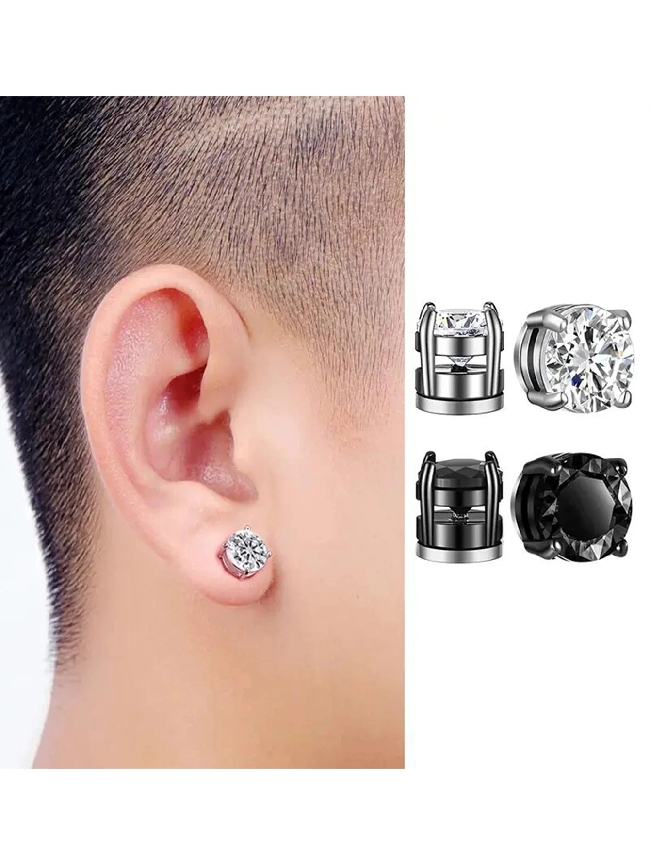 1 Pairs of Men\'s Fashionable Ear Hole Free Magnet Zircon Stainless Steel False Earring Set Unisex Non Piercing Clip Earrings