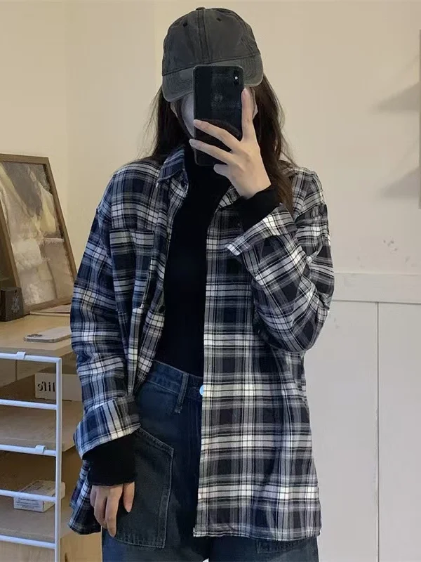 

Retro Korean Sle irt Women's Loose Casual Plaid irt Spring Autumn Outerwear Breathable Polyester Cotton Blend