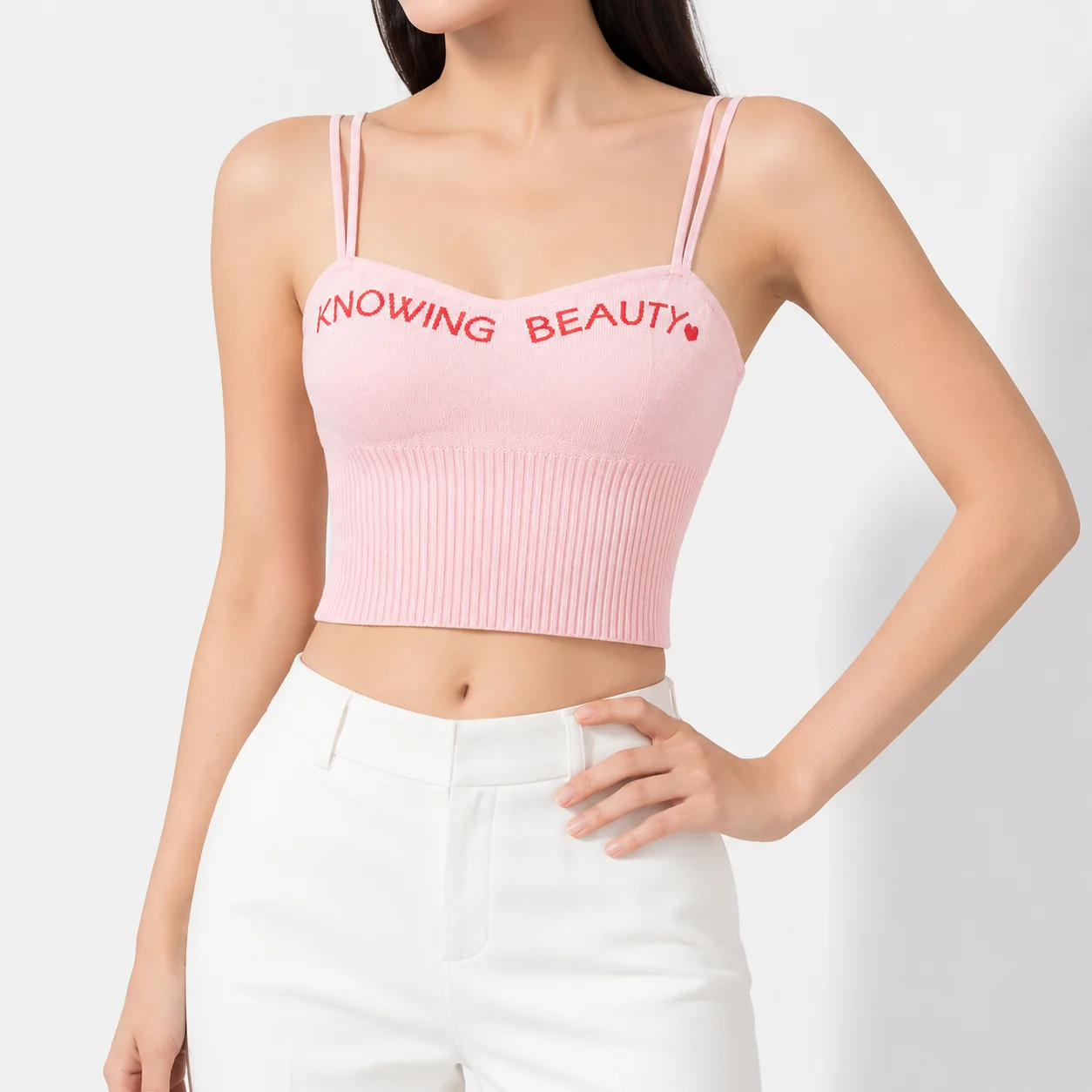 Stylish Ribbed Knit Double Spaghetti Strap Camisole Women Adjustable Straps Letter Print Sweetheart Neck Form Fitting Daily Wear