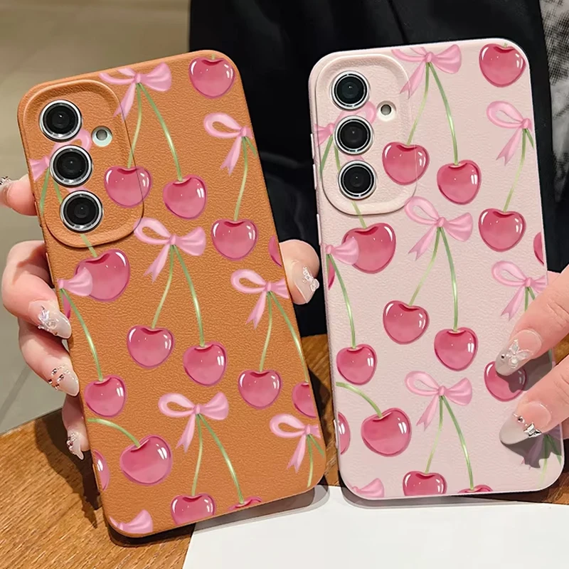 Handyhülle mit Schleifen- und Kirschmuster für Samsung Galaxy S26 S25 S24 S23 Ultra S22 Plus S25 S24 FE Edge, Leder-Textur, weiche TPU-Schutzhülle