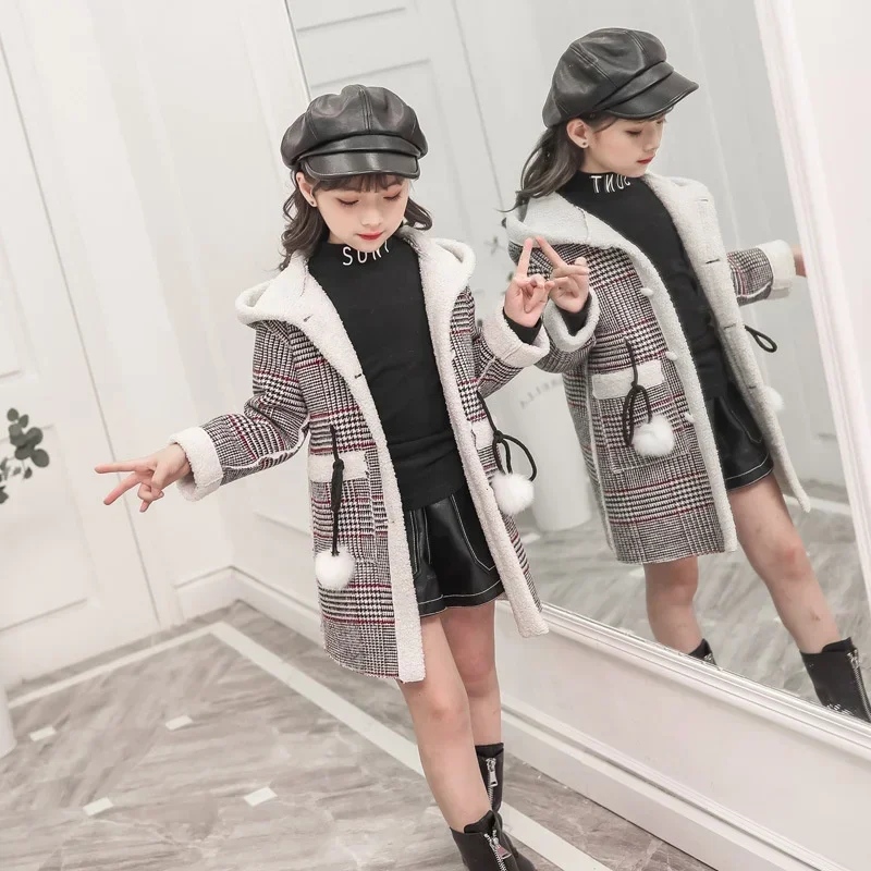 

4-12T Spring Autumn Winter Girls Hairy Coats Fashion Design Long Coat Kids Outerwear Grid Pattern Warm Jacket Kids Gifts