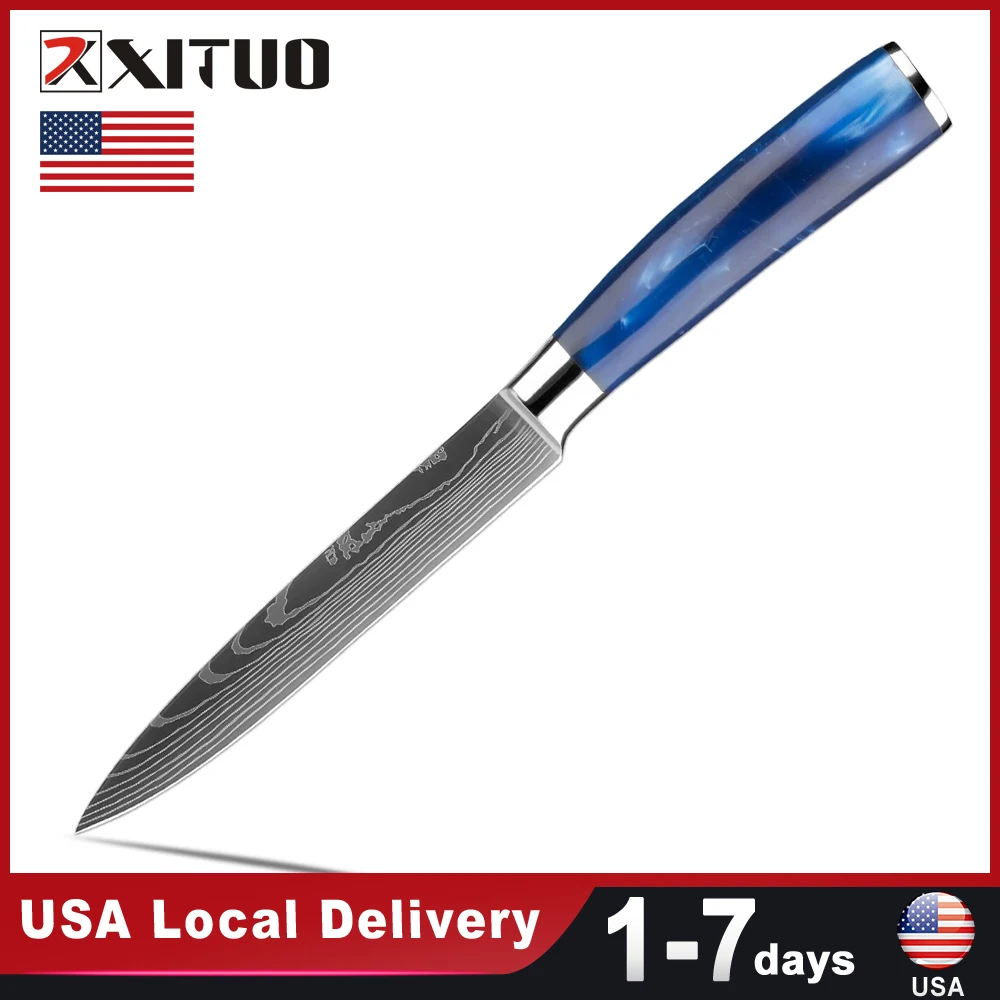 USA Warehouse Fast Shipping 5 Inch Stainless Steel Utility Knife Blue Resin Handle Kitchen Stainless Steel Household Sharp Knife