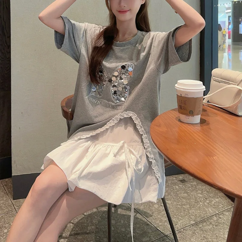 Korean Style Bow Sequin Split Loose T-shirt Thin Summer Style Slim Fit Slimming and Flesh Covering for Chubby Girl Oversized Top