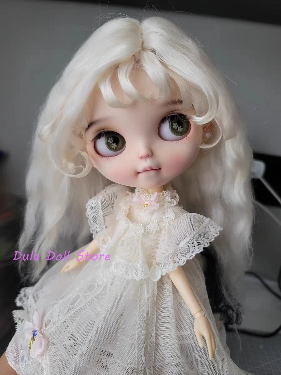 

Парики для кукол Dula для Blythe Qbaby, натуральный мохер, белая волнистая челка, жесткие швы для головы 9-10 дюймов