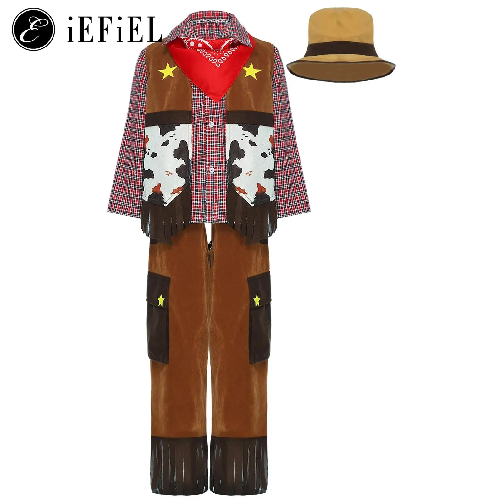 

Child Deluxe Cowboys 5 Pcs Outfit Western Boys Halloween Cosplay Costume Riding Horse Vest T Shirts Pants with Hat Bandana