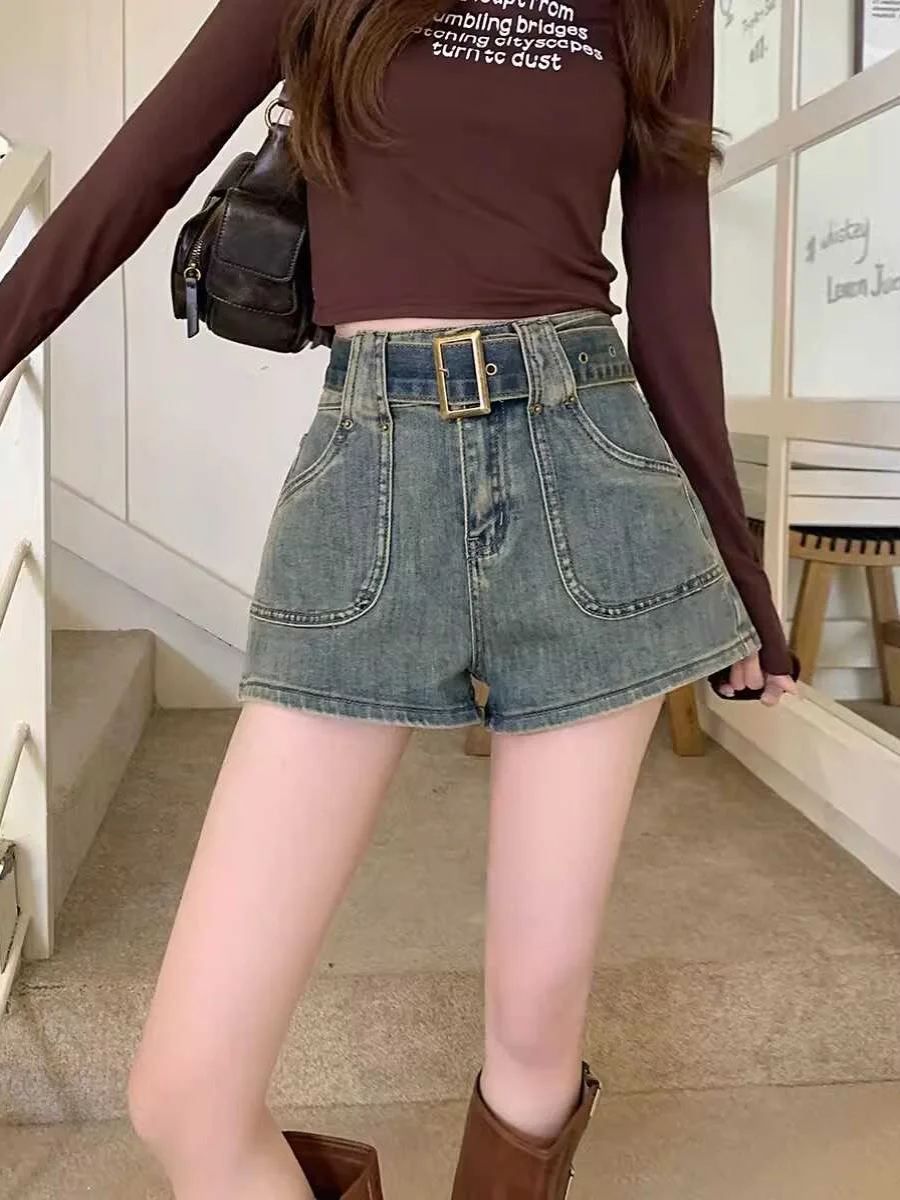 

Retro High Waist Denim Shorts Women Summer New Large Size Loose Slimming A-Line Wide Leg Hot Pants for plus Size Ladies